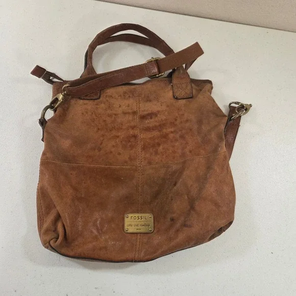 Fossil Long Live Vintage 1954 Brown Leather Crossbody Satchel Bag Cognac - Picture 2 of 8